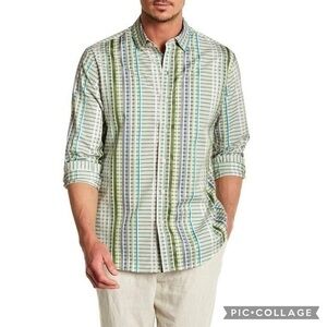 Tommy Bahama Shirt Button Down Long Sleeve Collar Green S Business Casual Stripe